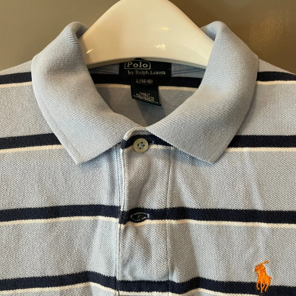 Polo Ralph Lauren Boys Light Blue Navy Striped Polo Shirt L 14-16 Orange Pony